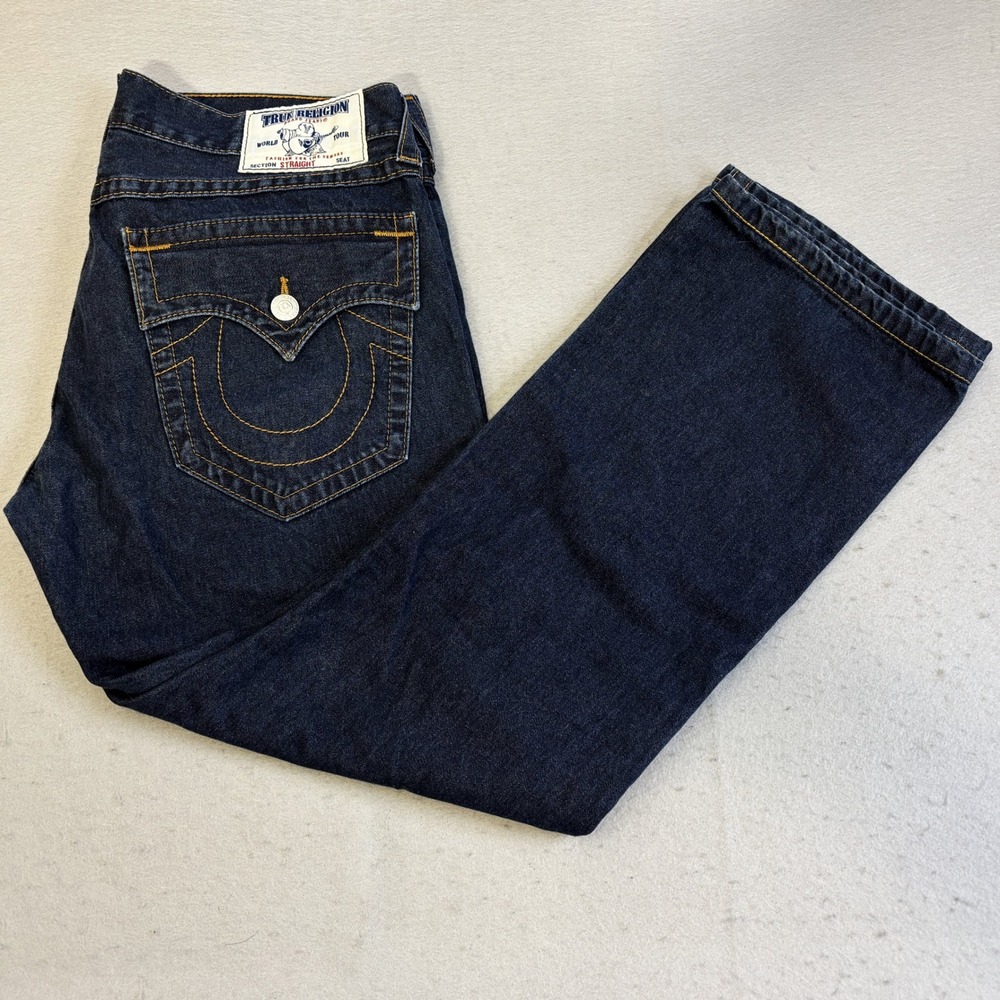 True Religion Straight Leg Jeans Mens 36 Dark Wash Denim Flap Pocket Indigo Y2K